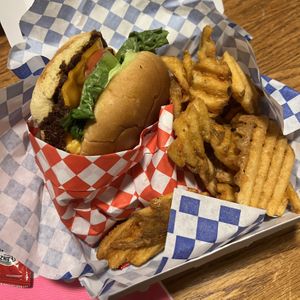 IAMAC burger with waffle friess  at Val's Vegan Kitchen in San Diego