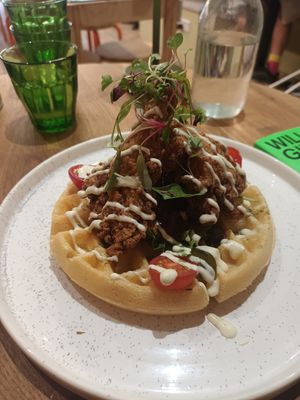 Vegan fried chicken with stuffed cheese waffle. at Utter Waffle - Balham in South West London