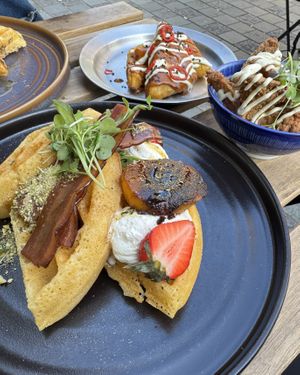 Peach waffle, hash browns and chick’n dippers  at Utter Waffle - Balham in South West London