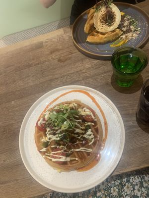 Vegan fried ‘chicken’ waffles (front), goats cheese waffles (veggie only, back)   at Utter Waffle - Balham in South West London