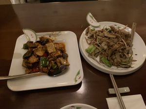 Stir fried tofu & mushrooms in medium spicy sauce w/ ho fun noodles (all gluten-free) #Veganuary at Tofu Vegan - Charlotte in London