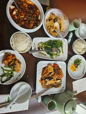 Favourites: fried tofu and king oyster and shiitake mushrooms in a delicious garlicky sauce as well as the wontons at Tofu Vegan - Charlotte in London