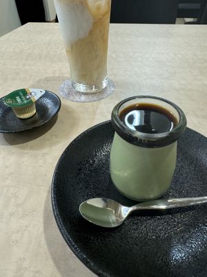 Matcha pudding and iced soy milk teaa  at MERCY Vegan Factory - Kyoto Station in Kyoto