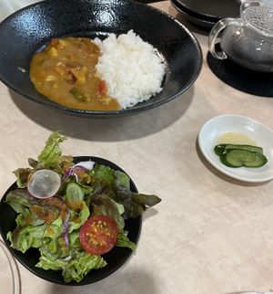 Shoujin curry with salad and pickles  at MERCY Vegan Factory - Kyoto Station in Kyoto