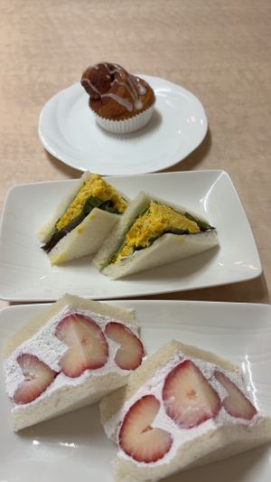 Cinnamon bun, egg sandwich (half portion) and fruit sandwich   at MERCY Vegan Factory - Kyoto Station in Kyoto