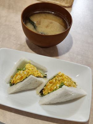 Egg sandwich and miso soup at MERCY Vegan Factory - Kyoto Station in Kyoto