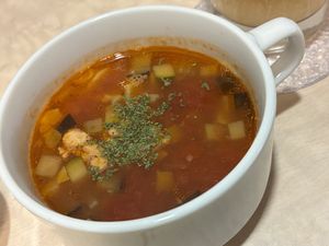 Soup of the day: tomato  at MERCY Vegan Factory - Kyoto Station in Kyoto