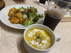 Fried cauliflower, coffee and soup of the day (pumpkin)  at MERCY Vegan Factory - Kyoto Station in Kyoto