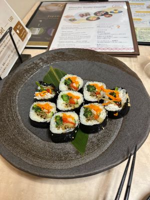 Began gimbap. ,Miso Soup  Amazingly fresh ingredients. Realised they gave me full size instead of half but no worries they didn’t say a word.  Miso is full of flavour   at MERCY Vegan Factory - Kyoto Station in Kyoto