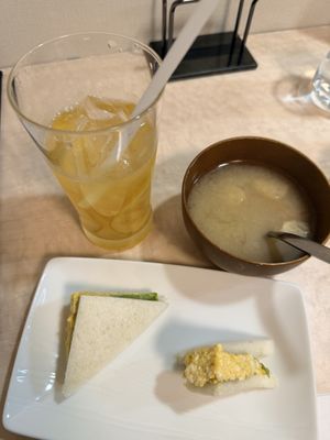 Egg salad, miso soup and homemade lemonade. Each INCREDIBLE. I’ve been craving an egg salad sandwich for years and this was perfect. Tastes exactly as remember.    at MERCY Vegan Factory - Kyoto Station in Kyoto