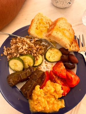 Vegan platter conjured up out of the blue! at Kafeneio in Santorini