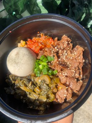 Akatsuki seaweed fried rice topped with teriyaki wagyu, kimchi, Pouched & Marinated Plant Egg & Leaf Hurri-greens
 at Hidden Leaf Cafe in Columbus