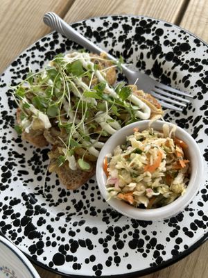 Local Oyster mushrooms on focaccia toast, w local micro-greens with colslaw  at The Station Market & Cafe in Frederick