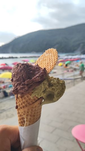 Vegan chocolate and pistachio ice cream (cone also vegan) at Qualcosa di Buono in Moneglia