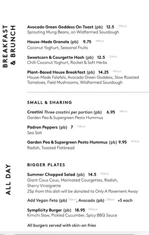 Plant based menu  at No 17 Dickens Yard in West London