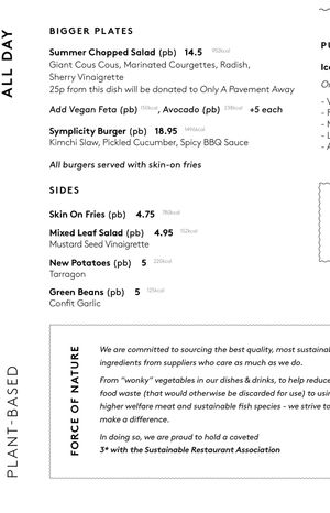Plant based menu  at No 17 Dickens Yard in West London