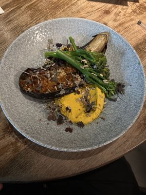 Grilled aubergine with giant couscous   at No 17 Dickens Yard in West London