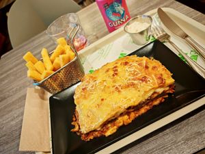 Lentils lasagne at Veganil in Paris