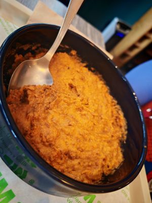 Creamy foul, Preparation based on whole beans, tomato medames, onions, lemon and spices at Veganil in Paris