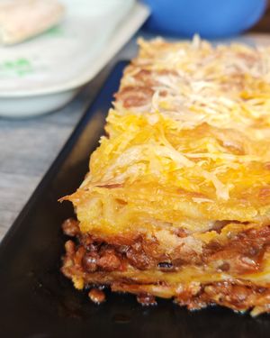 Lentil lasagne, lentil bolo lasagne  at Veganil in Paris