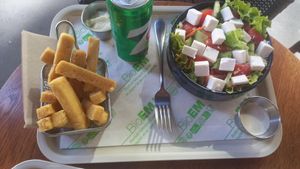 frites de panisse (fried chickpea paste) 4€ & salade feta 8,90€ at Veganil in Paris