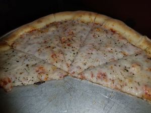 Daiya cheese pizza at Asheville Pizza and Brewing in Asheville