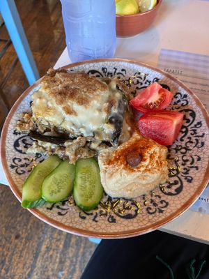 Vegan moussaka with hummus at Stou Roushia in Larnaca