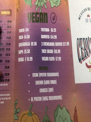 Vegan menu with other vegan options available  at Cervantino's 2 in Palos Heights