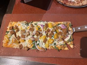 Summer peach flatbread, modified to be vegan  at Pizza Luce - Downtown in Minneapolis