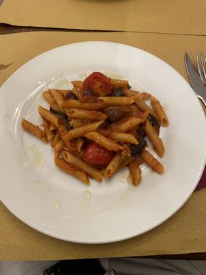 Caponata style pasta dish  at Trattoria Piazzeria Antico Capon in Venice