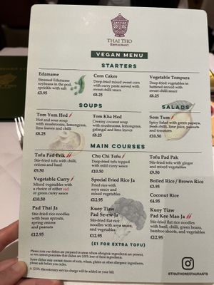Vegan menu  at Thai Tho in South West London