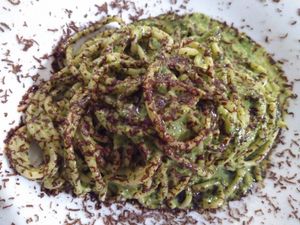 Pasta with green pesto, orange and chocolate at La Casina di Alice in Livorno