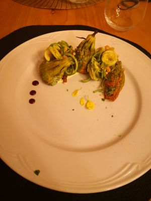 Zucchini flowers, with cashews cheese filling at La Casina di Alice in Livorno