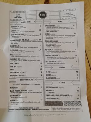 Menu at Mono in Glasgow