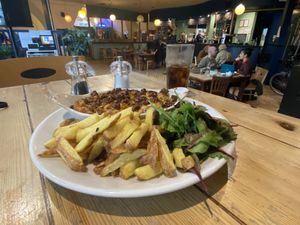 Mac n cheeze made with black pudding, chunky fries and salad. Mmm, mmm, mmm! at Mono in Glasgow