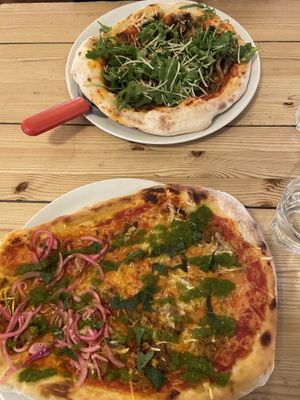 vegan chicken pizza and vegan mushroom pizza  at Mono in Glasgow