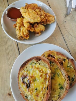 Fried oyster mushrooms &  cheesy garlic bread at Mono in Glasgow