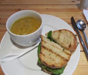 Soup-and-sandwich: parsnip-carrot-dill soup and smoked tofu sandwich at Mono in Glasgow