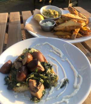 Mushroom toast and tofish & chips  at Mono in Glasgow