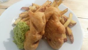 Sausage, peas and chips at Mono in Glasgow