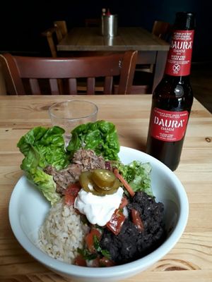 Spicy vegan GF burrito + best GF beer ever at Mono in Glasgow