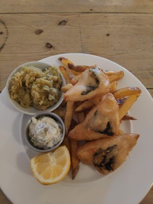 "To-fish & Chips" with additional mushy peas at Mono in Glasgow