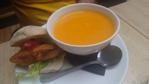 Soup of the day (carrot with harissa) and the sourdough bun with tofish at Mono in Glasgow