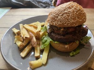 Haggis Burger & Chips- awesome way to try haggis but wish there was a little more as it was primarily just a regular burger  at Mono in Glasgow
