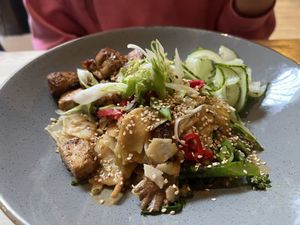 Peanut noodle bowl - good but a teeny big bland and dry- could use something salty like soy, peanuts, or just salt and/or some ginger and/or some kind of sauce  at Mono in Glasgow
