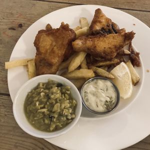 Fish and chips  at Mono in Glasgow