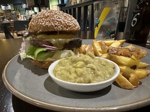 Haggis burger with chips and mushy peas   at Mono in Glasgow