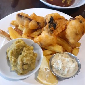 To-fish & chips with a side of mushy peas. at Mono in Glasgow