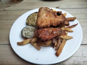 Tofish, chips & mushy peas. at Mono in Glasgow