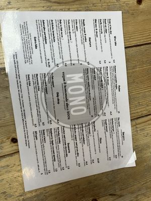 Menu  at Mono in Glasgow